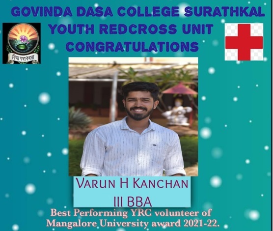 Congratulations for Receiving Best Performing YRC Volunteer  of Mangalore University Award-2021-2022